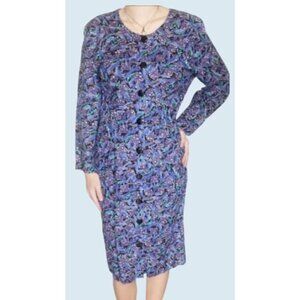 Vintage RAMPAGE 80s Purple Geometric Print Full Button Dress Sz Small